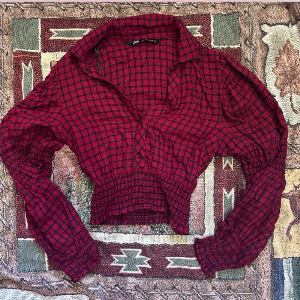 Zara Red Checkered Button Down Shirt